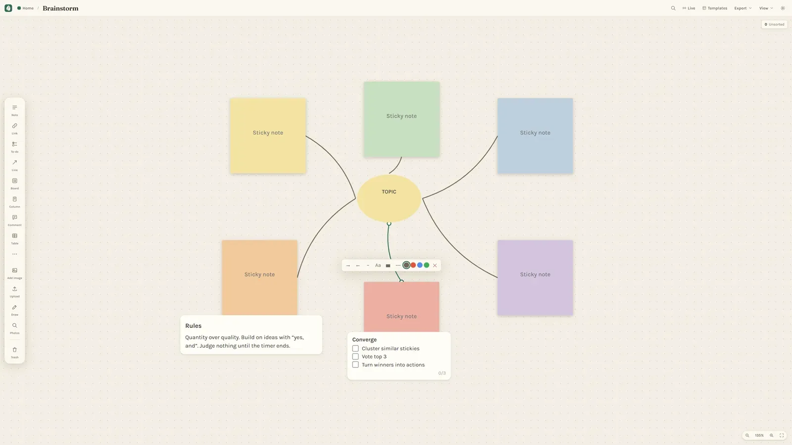 The Brainstorm template: a topic note branching into sticky notes, with rules and a converge checklist