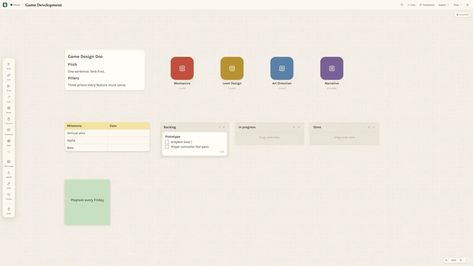 The Game Development template: a design doc, pillar cards, and a kanban of backlog, in progress and done