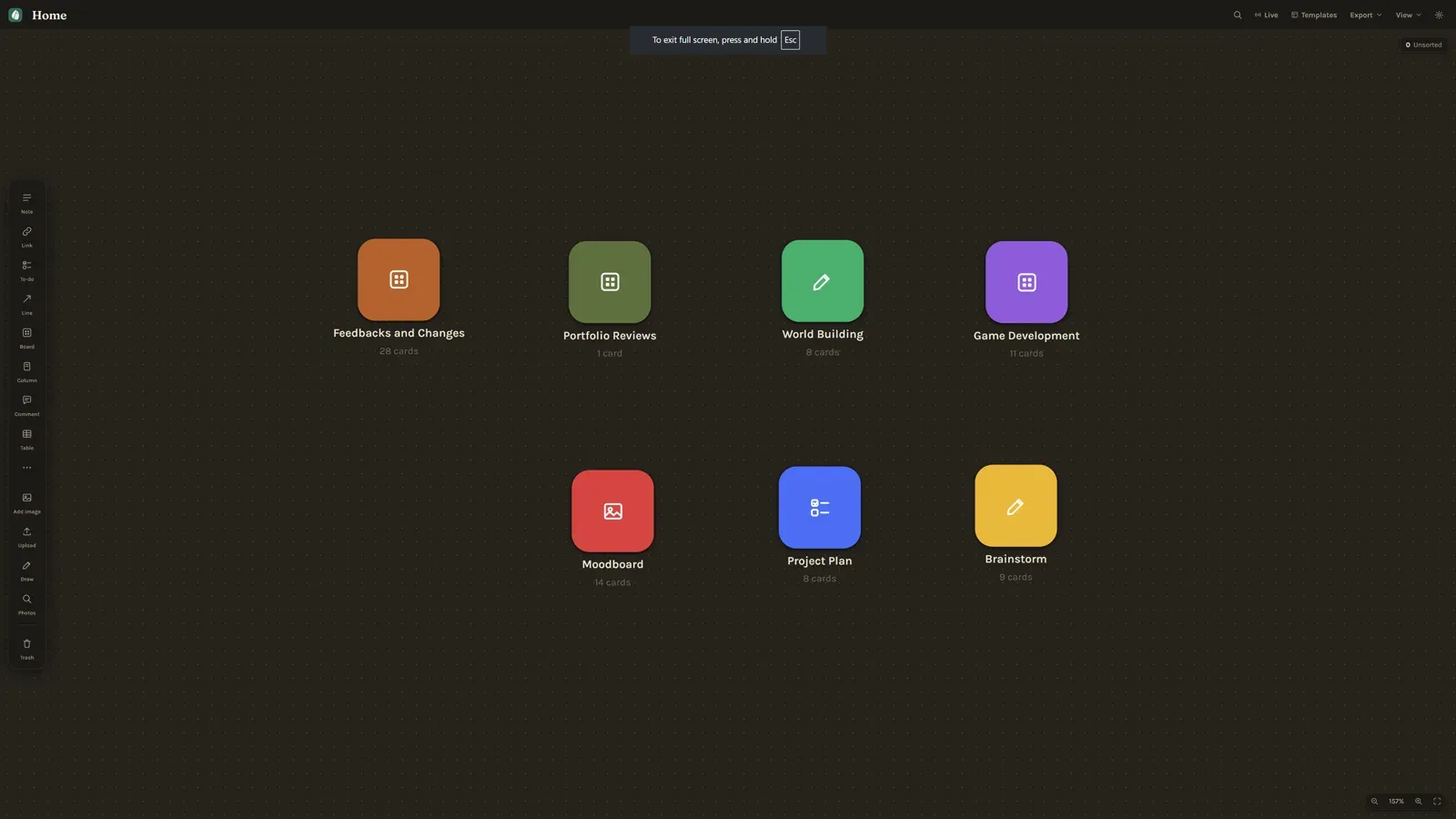 Folium home: a grid of boards including Feedbacks and Changes, Portfolio Reviews, World Building and Game Development