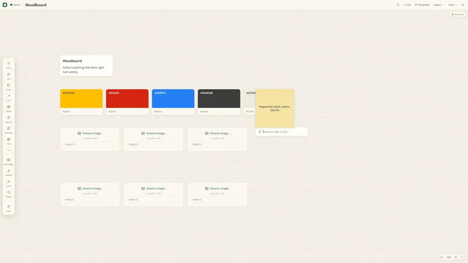 The Moodboard template: colour swatches, keyword notes and image placeholders for collecting references
