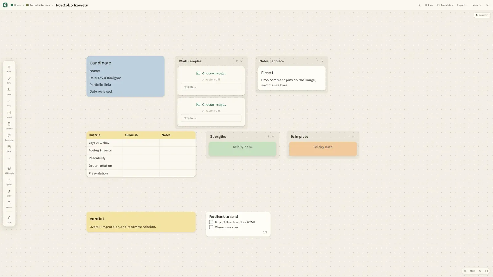 The Portfolio Review template: candidate details, work samples, per-piece notes, a scoring rubric and a verdict card