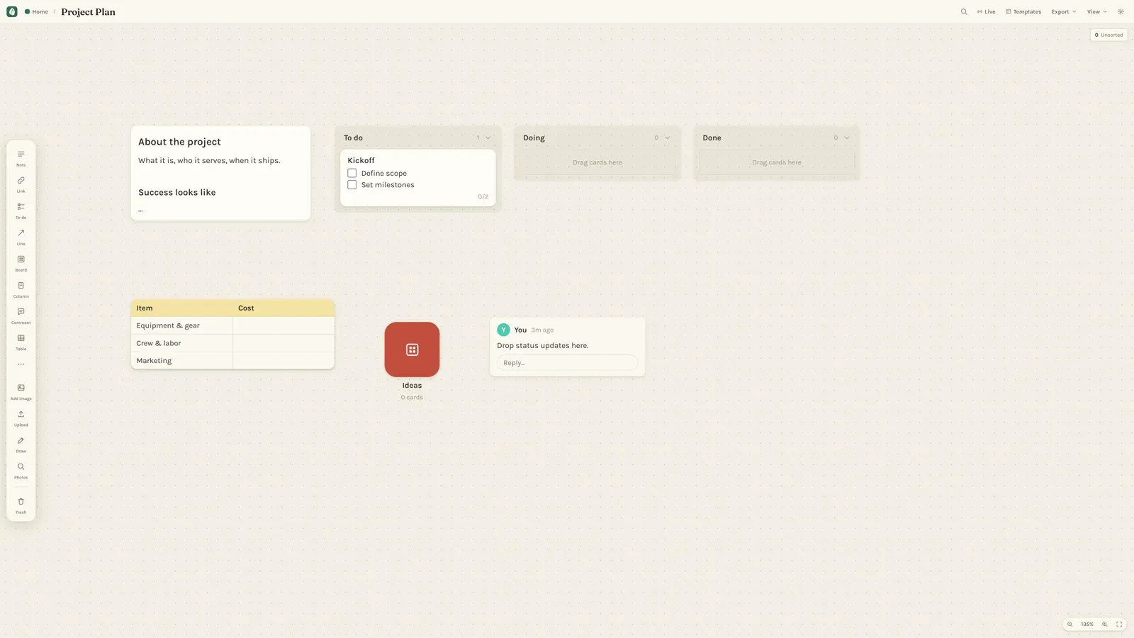 The Project Plan template: project overview, a to-do/doing/done board, a cost table and a live comment thread