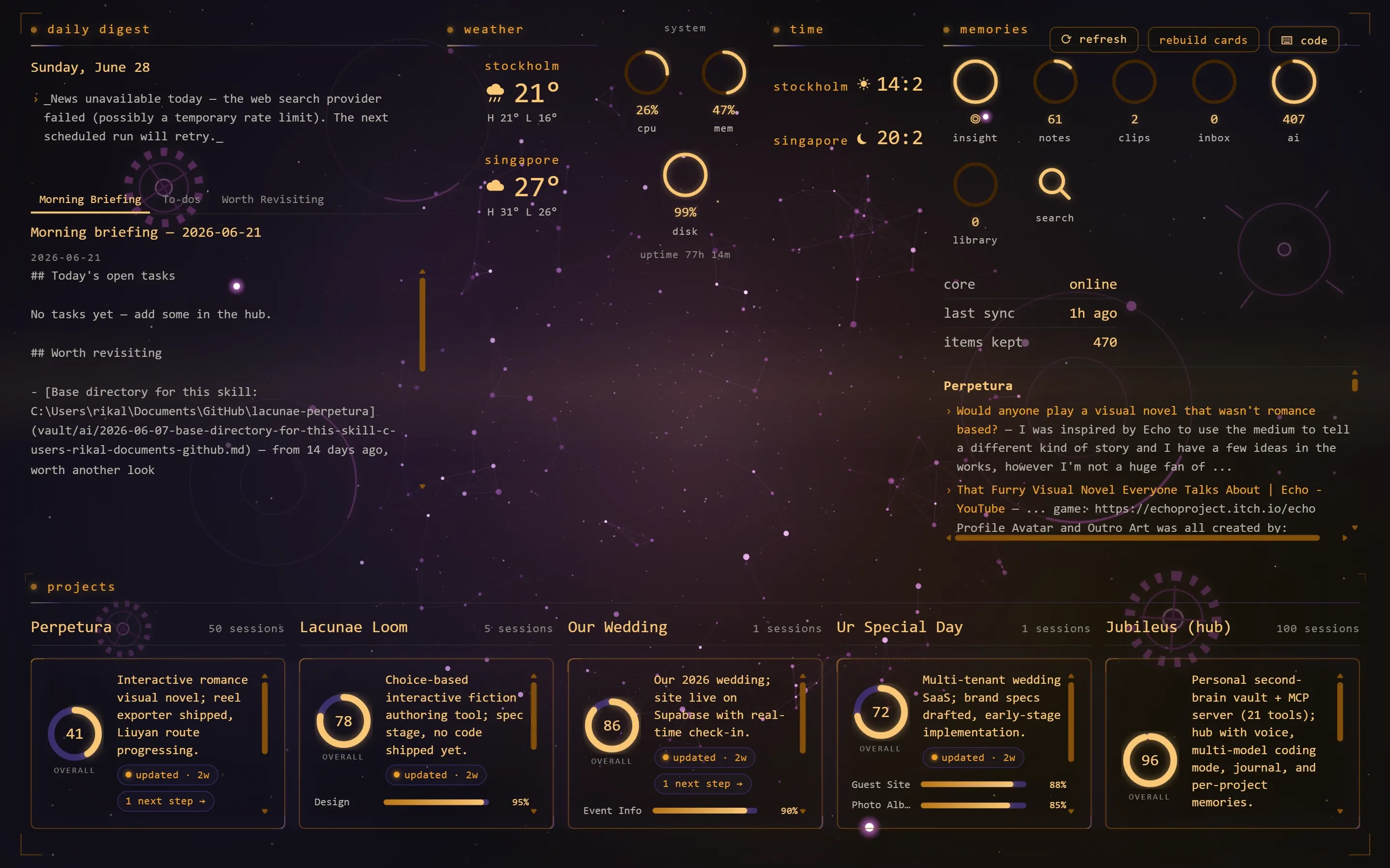 The Jubileus hub: daily digest, weather, system gauges, vault counters and per-project progress cards on a dark orrery backdrop