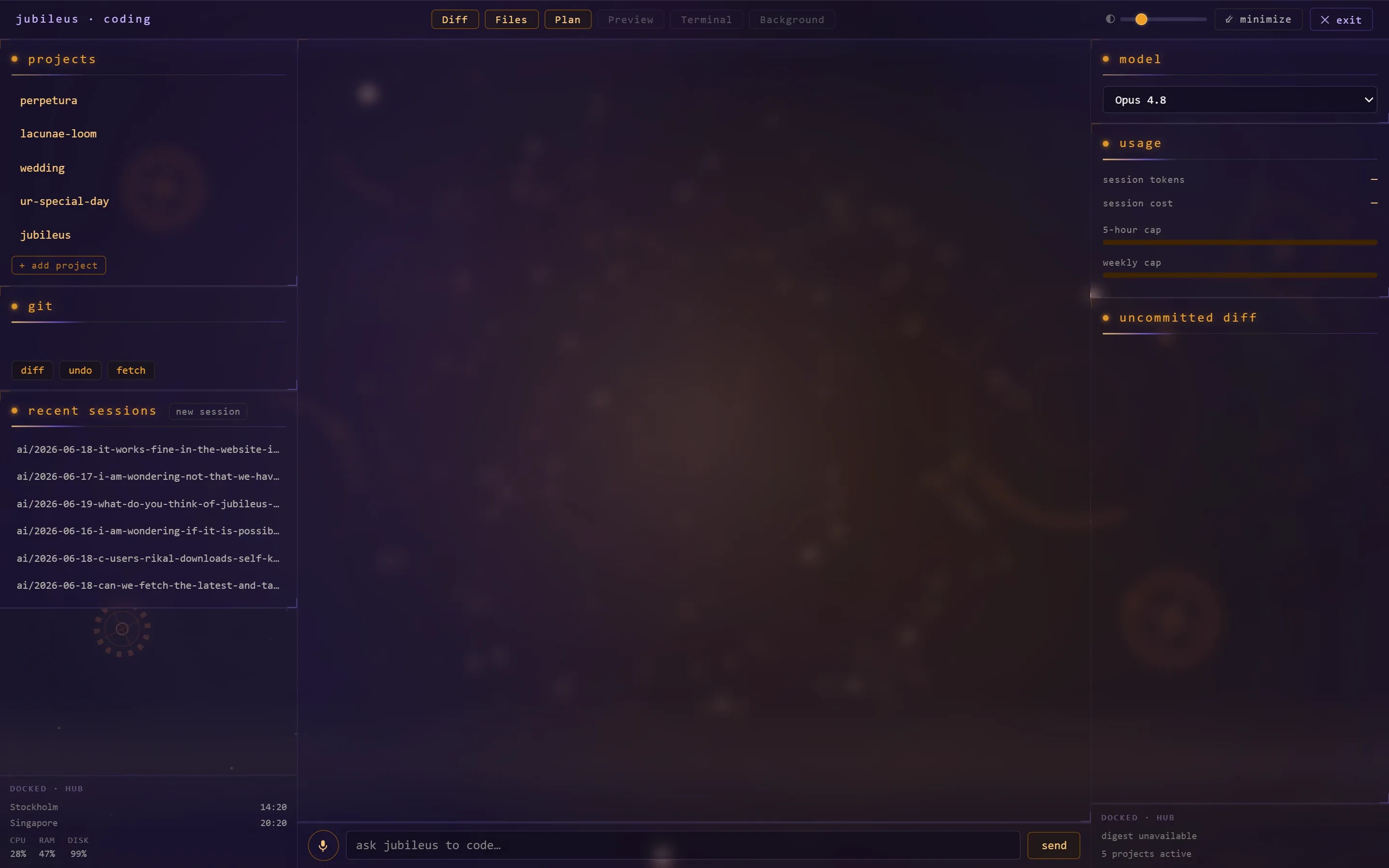 The Jubileus coding hub: project switcher, resumable sessions, model picker and usage caps around a prompt box