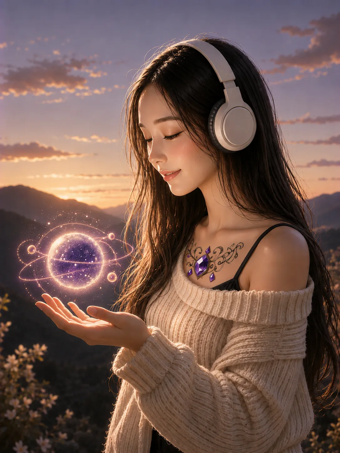 Illustrated portrait of Rika at dusk, a glowing orb ringed by a tiny orrery floating over her palm