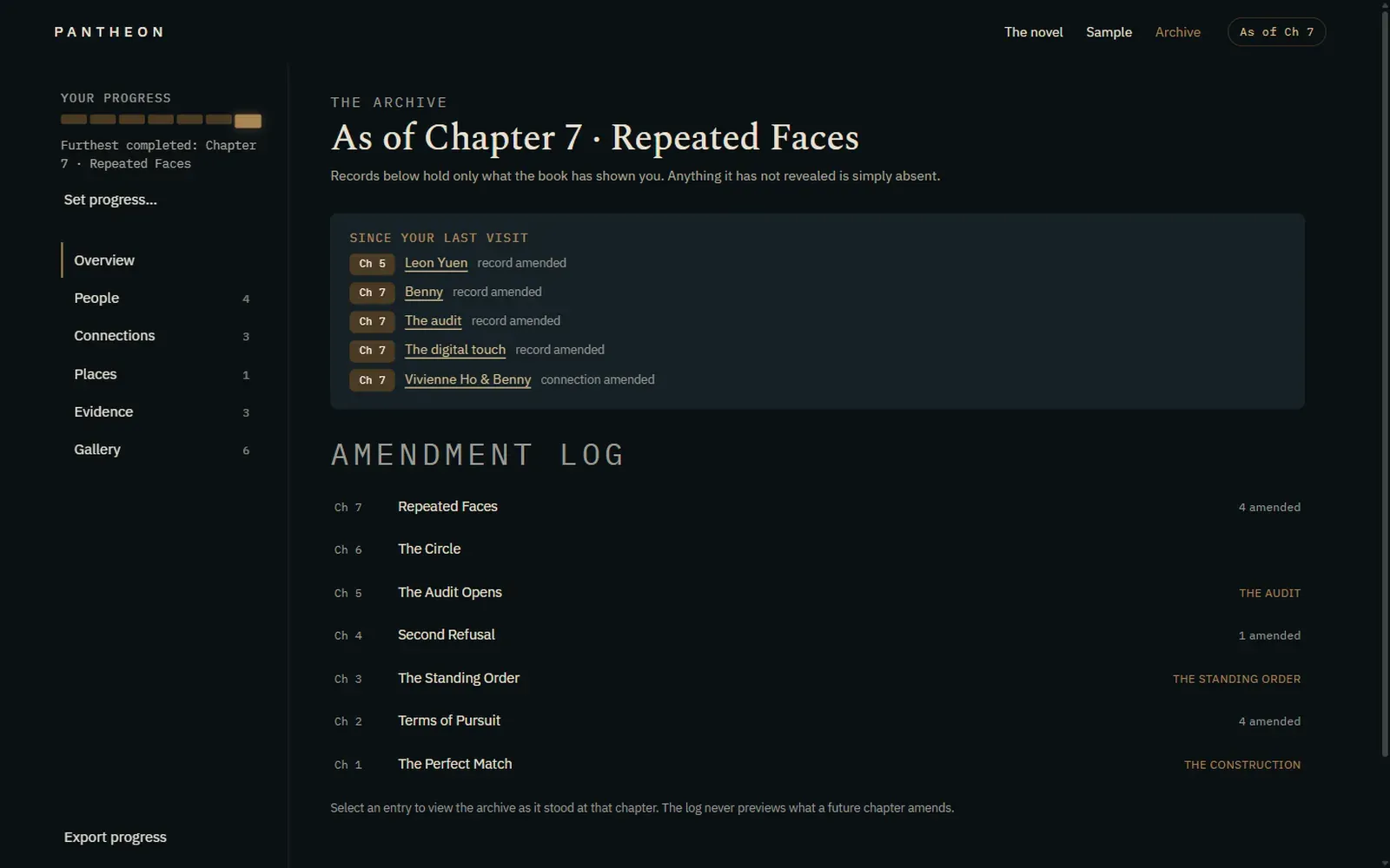 The archive overview, with what changed since your last visit and an amendment log