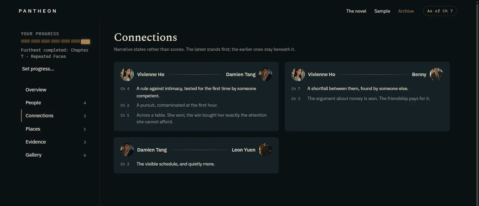 Connections: the latest state of a relationship, with the earlier ones beneath it