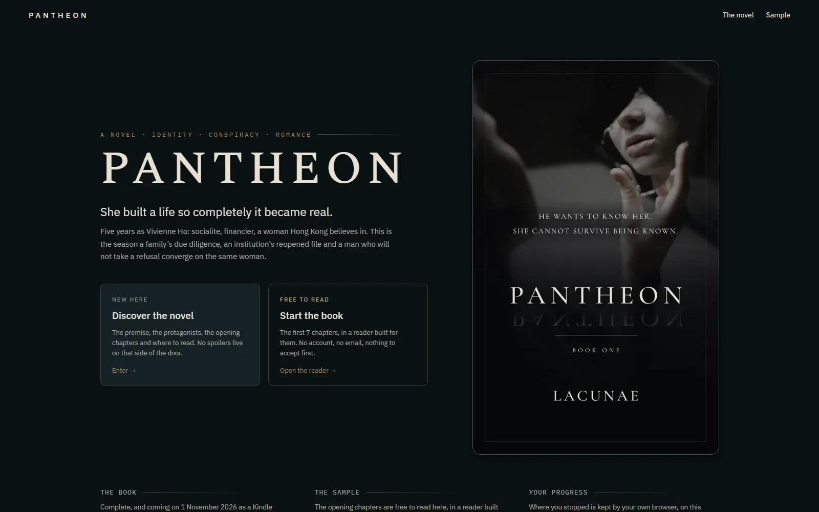 The Pantheon homepage: the cover beside two doors, one to the novel page and one straight into the free chapters