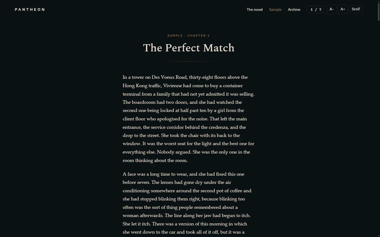 The web reader, showing chapter one with the chapter counter and type controls