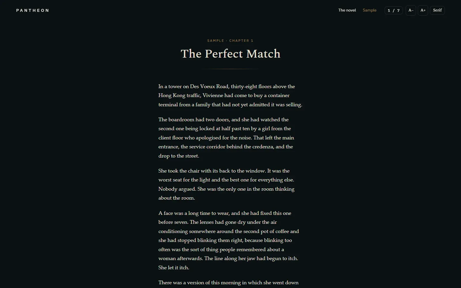 The web reader, showing chapter one with the chapter counter and type controls