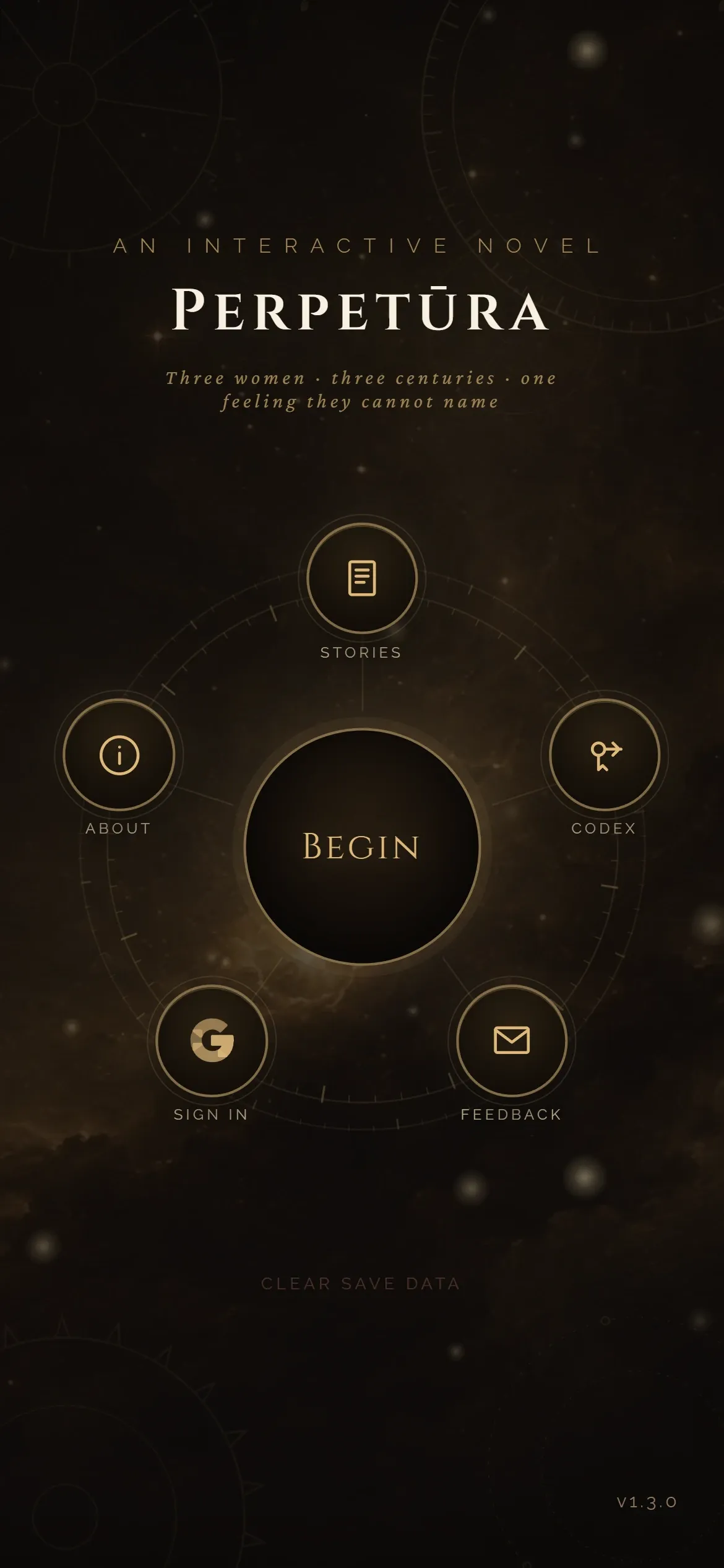 Perpetūra’s title screen on a phone: the anthology orrery mark over a dark starfield