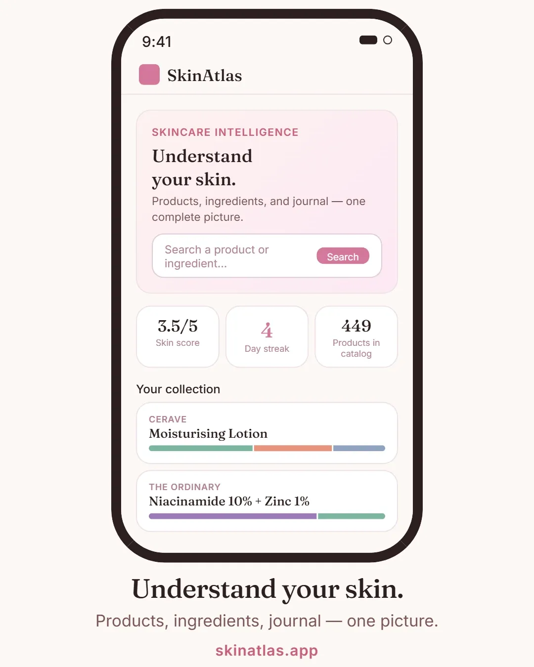 A SkinAtlas campaign card: a phone mockup with the app’s hero, stat row and product rows