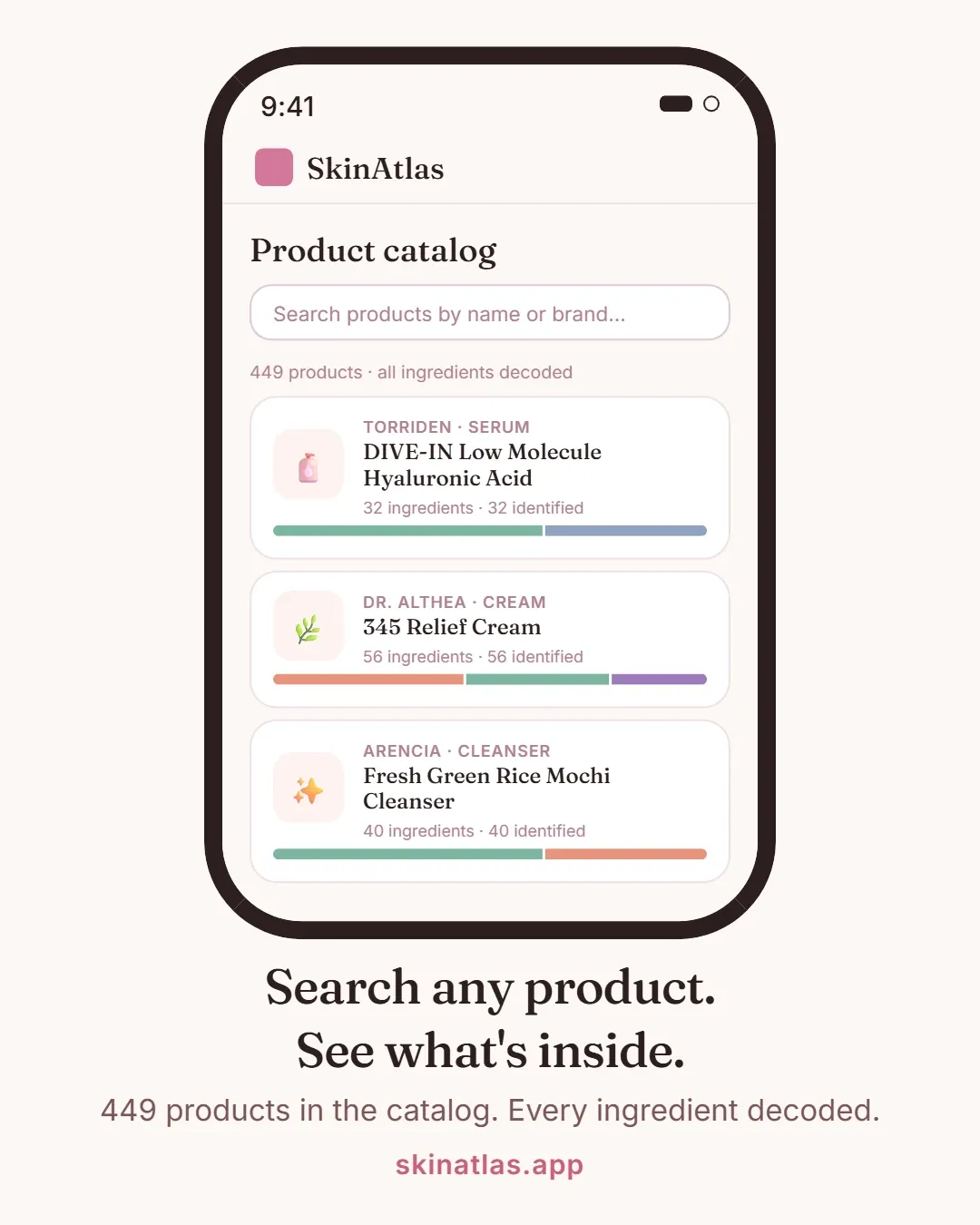 A campaign card showing the SkinAtlas catalog interface with product rows and category chips