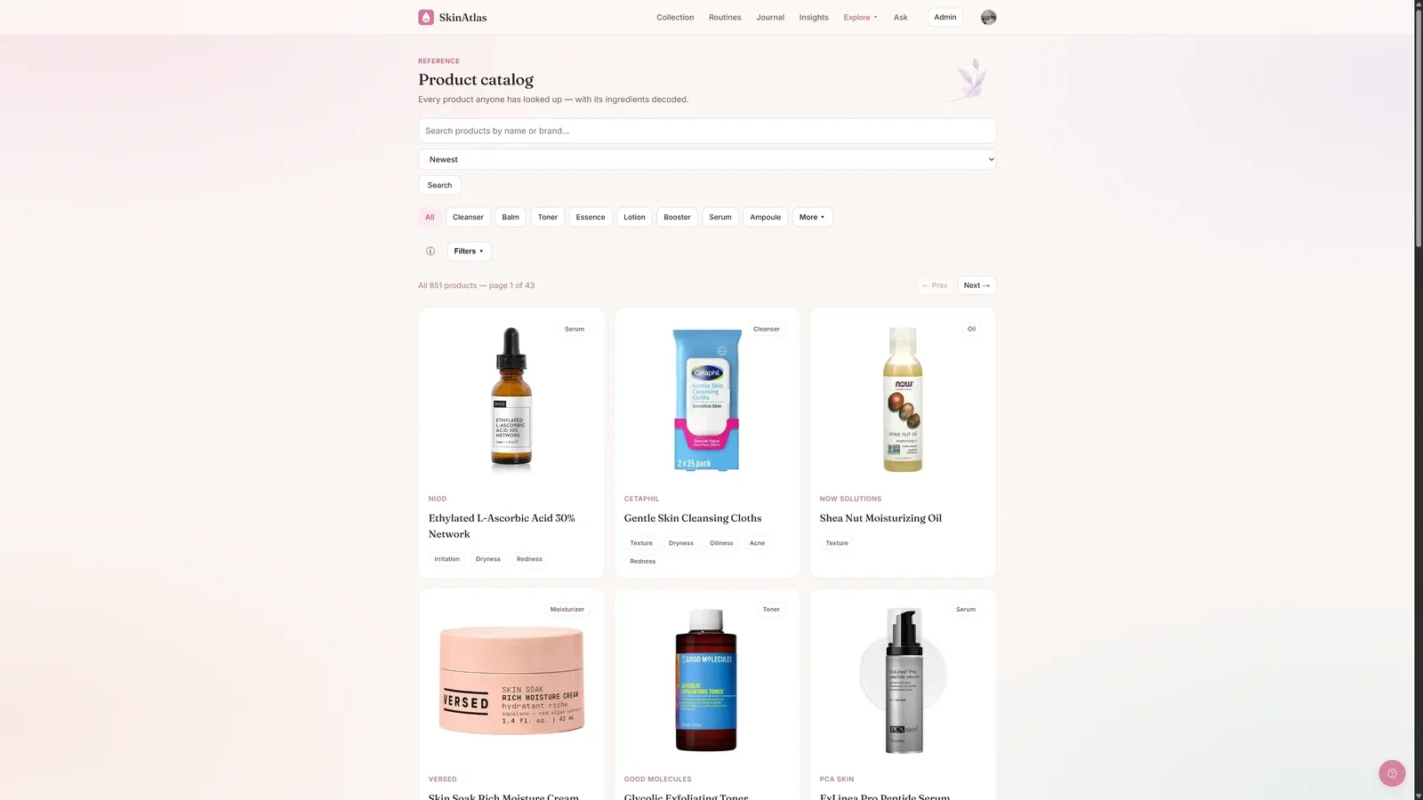 The product catalog: every looked-up product with its ingredients