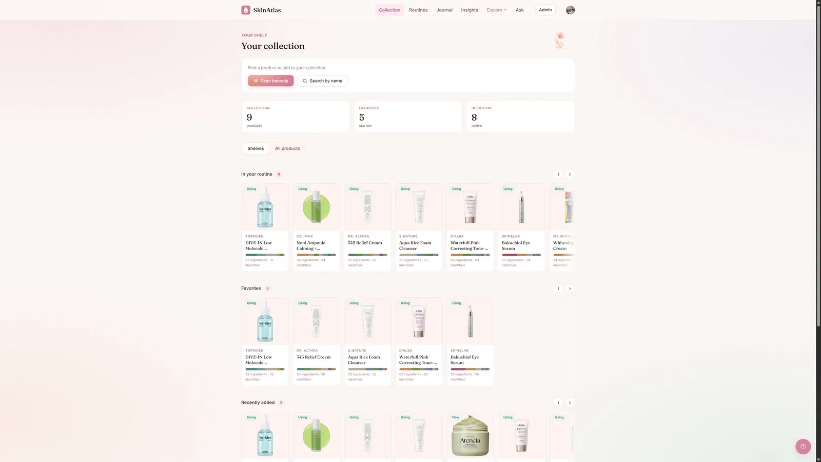 Your collection: products on your shelf with decoded ingredients