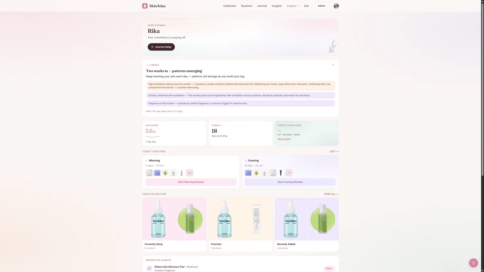 The personal dashboard: skin score, streak and today’s routine