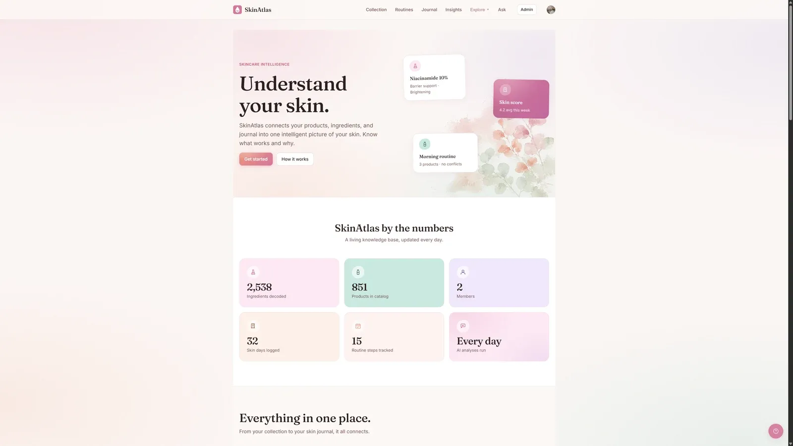 SkinAtlas landing: “Understand your skin”, with knowledge-base numbers