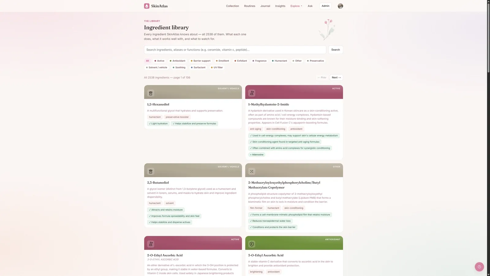 The ingredient library: 2,538 ingredients, colour-coded by function