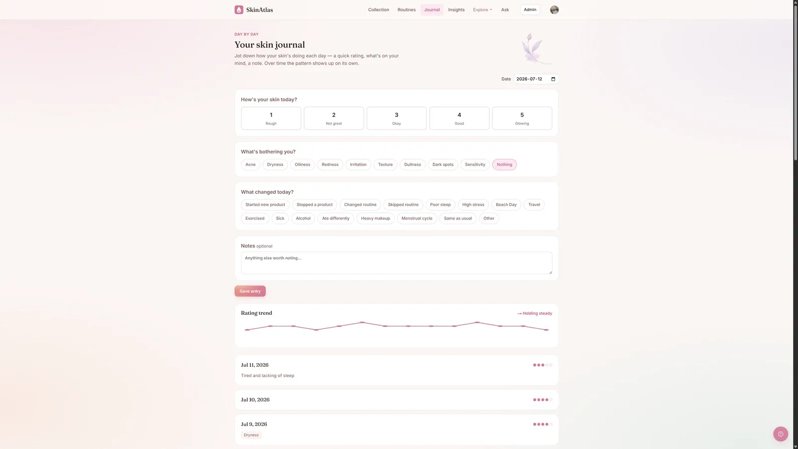 The skin journal: a daily rating and what changed, with a trend line