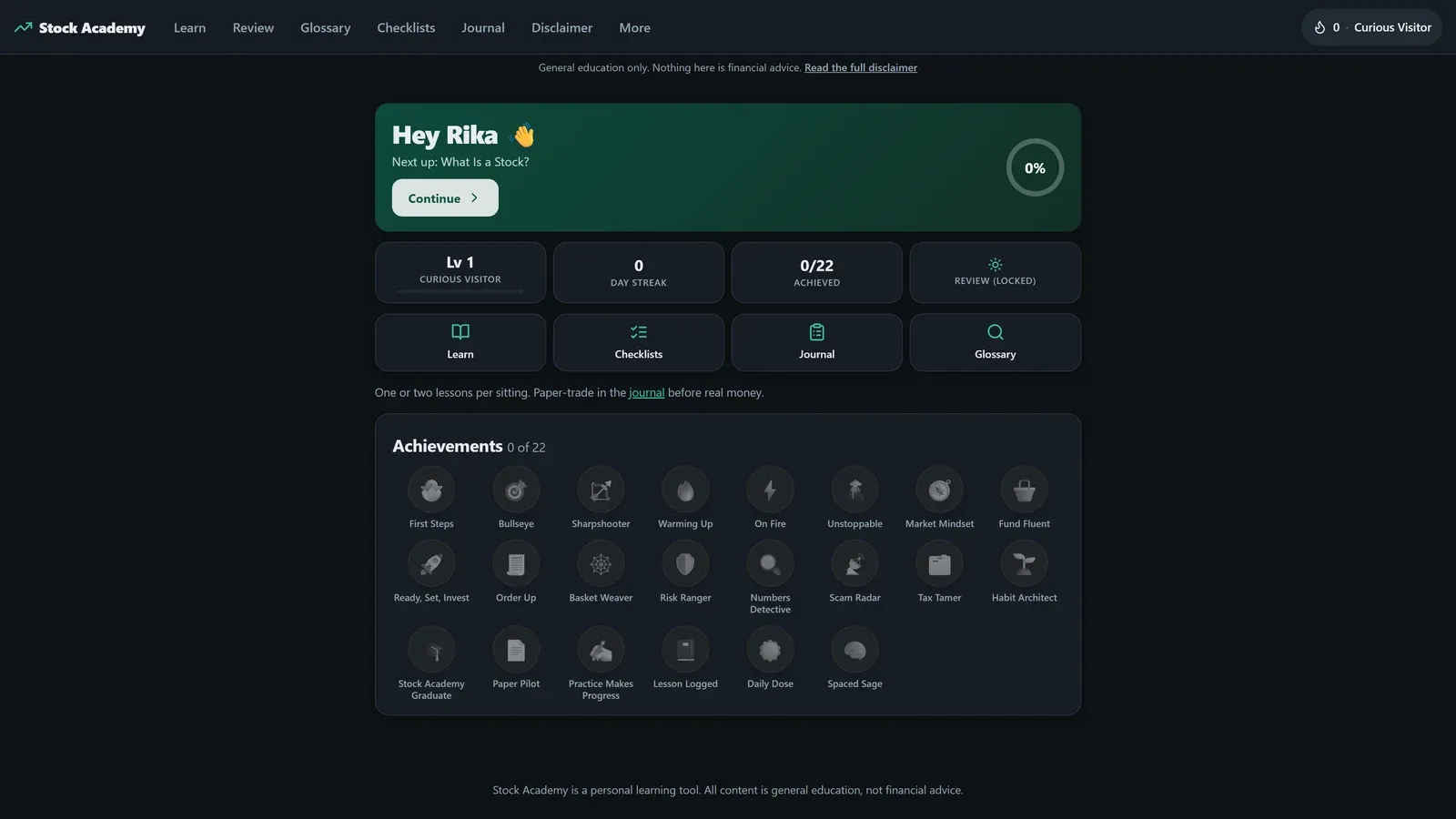 Stock Academy dashboard: streak, progress and achievements