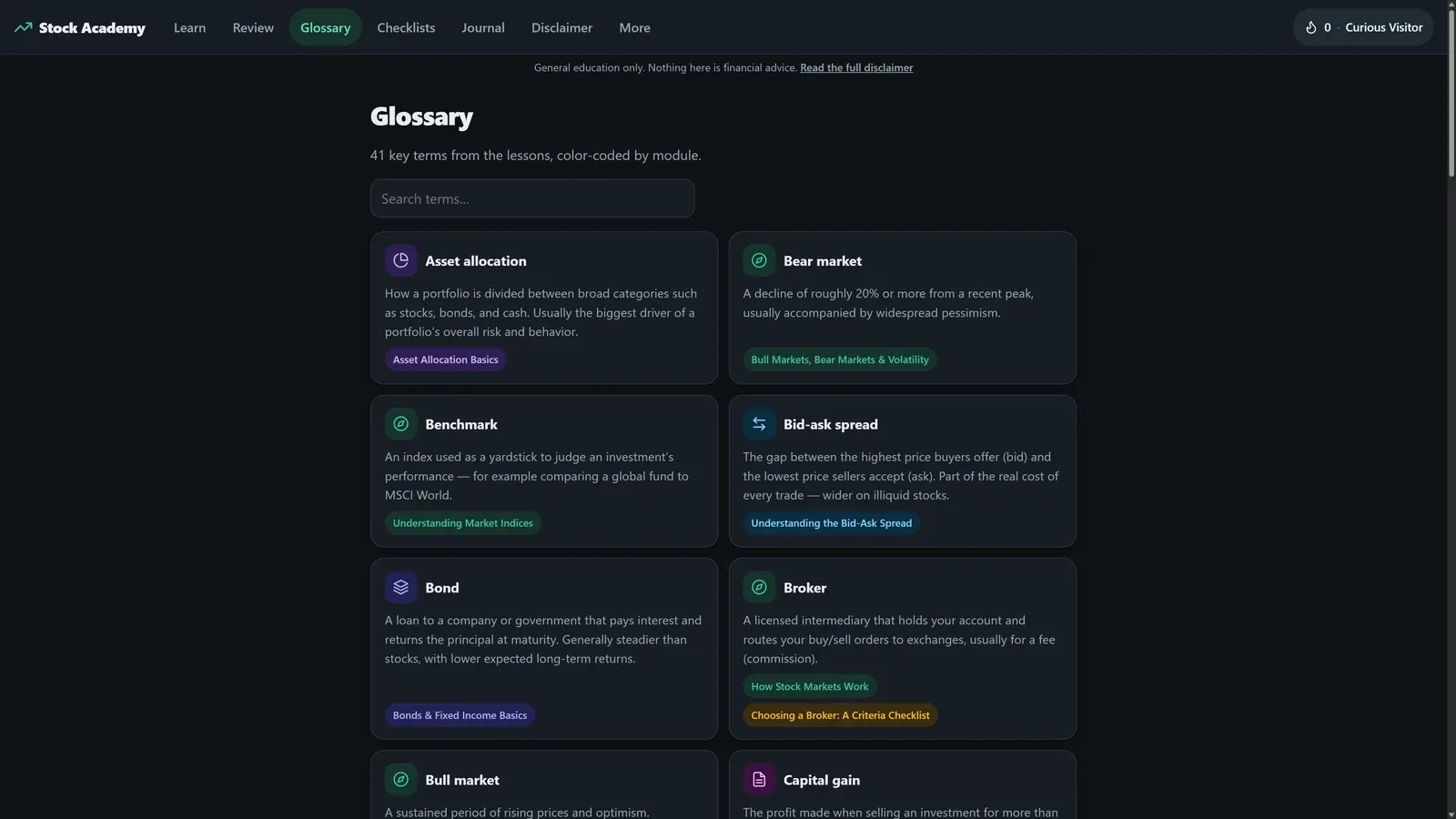The glossary: plain-language definitions, colour-coded by module