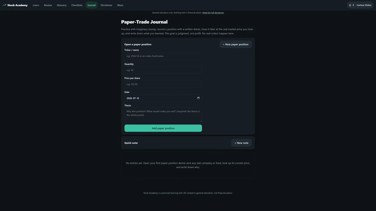 The paper-trade journal for recording practice positions