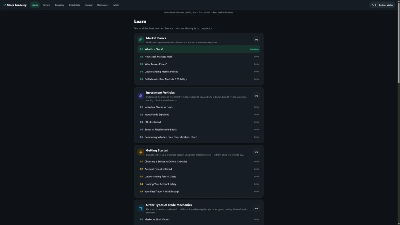 The Learn tab: ten modules of short lessons