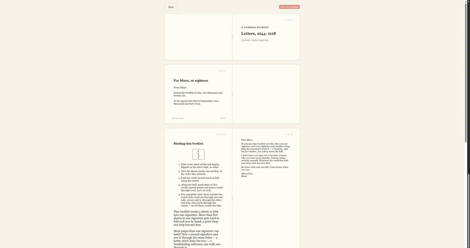 Several letters bound into a printable booklet