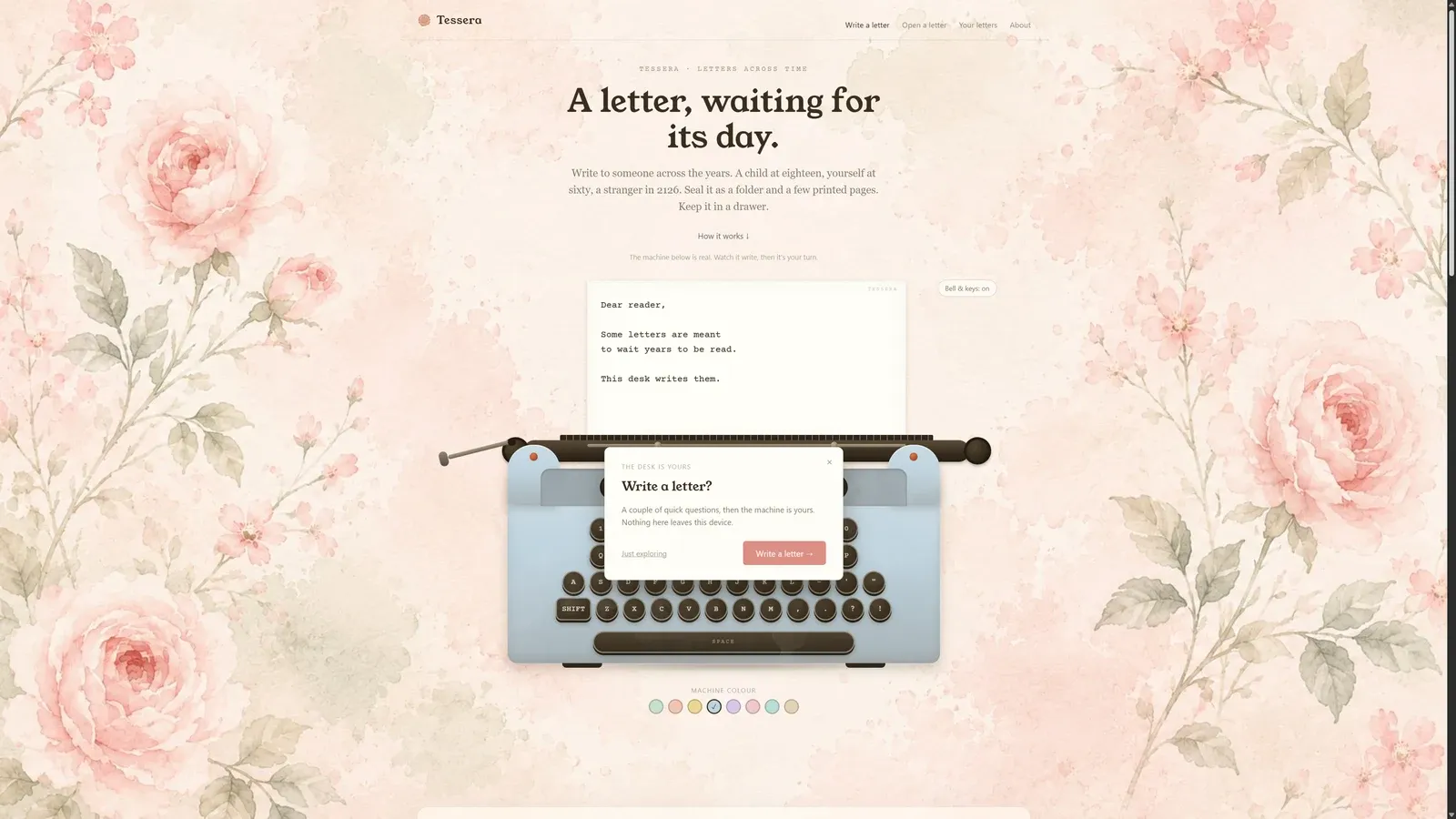 Tessera landing: “A letter, waiting for its day”, with the typewriter