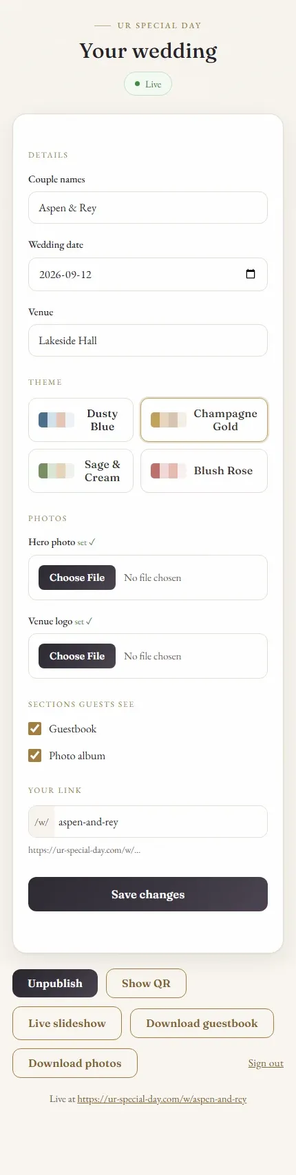 The couple’s editor: names, date, venue and theme fields beside a live preview of the wedding page
