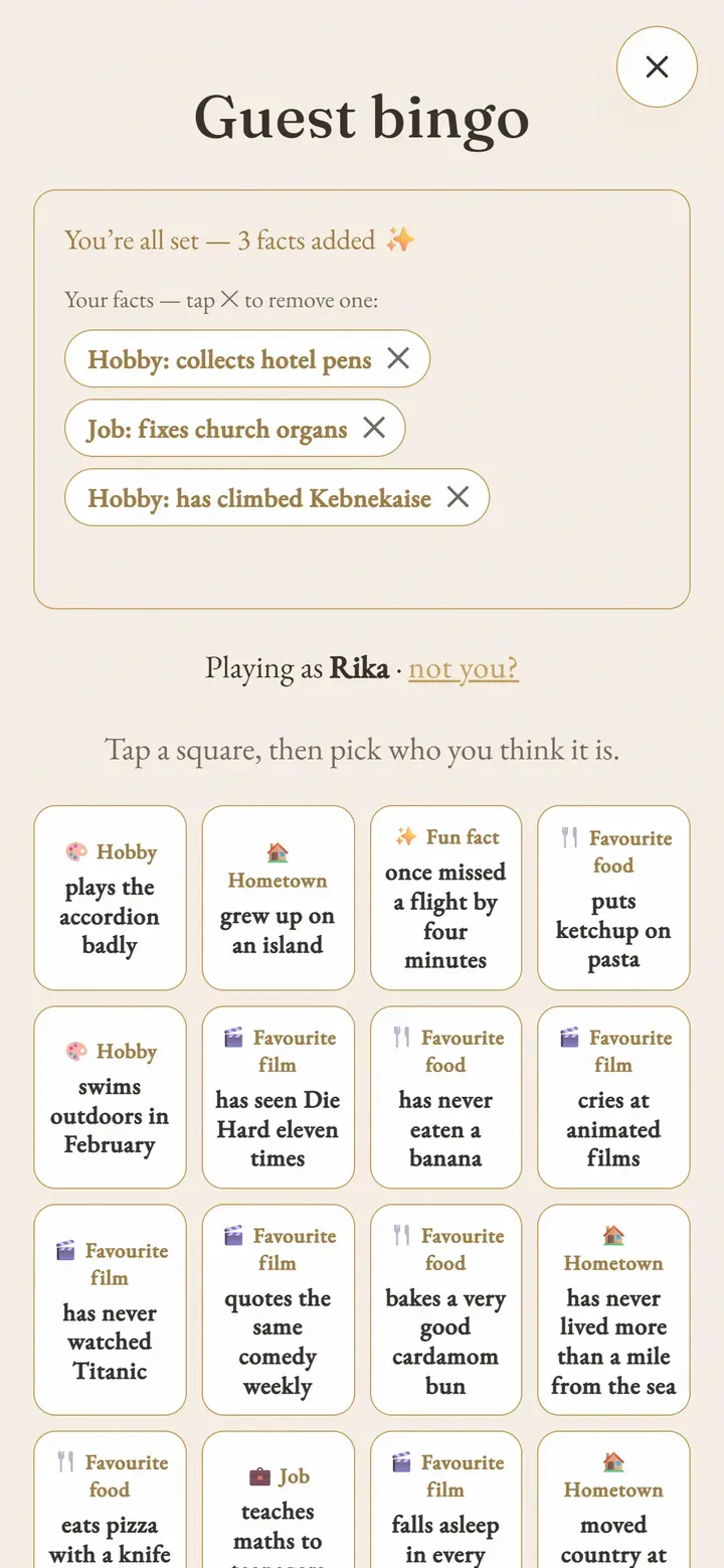 A bingo card built from facts guests submitted about each other