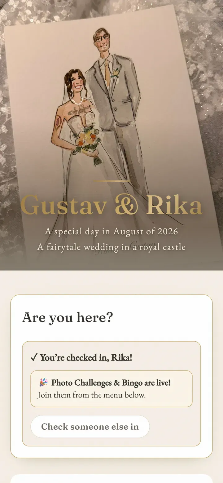 The guest hub, with a check-in card under the hero