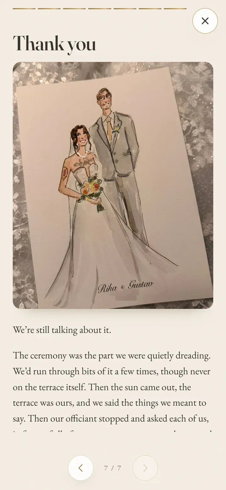 The recap’s closing card, with a watercolour of the two of us