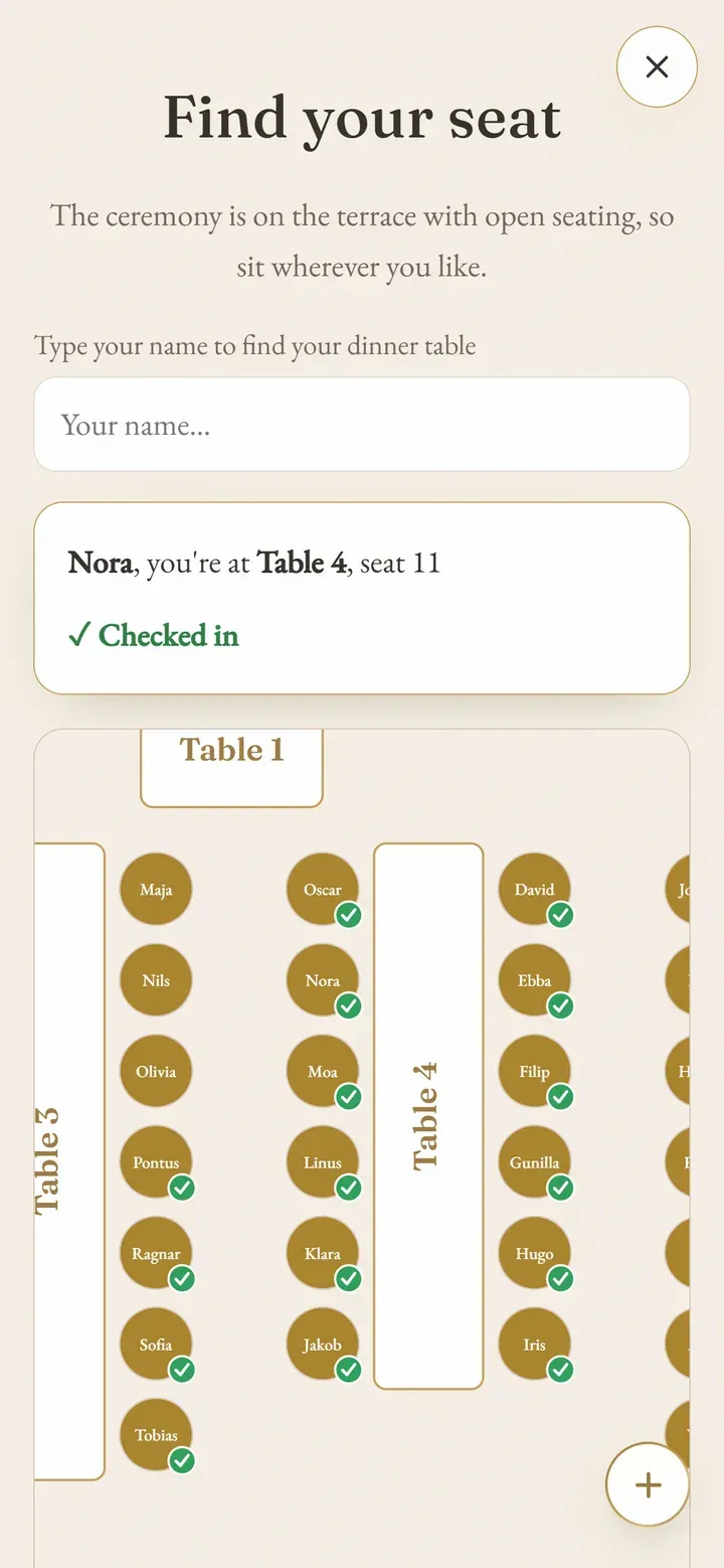Find your seat: search your name, and arrival ticks fill in