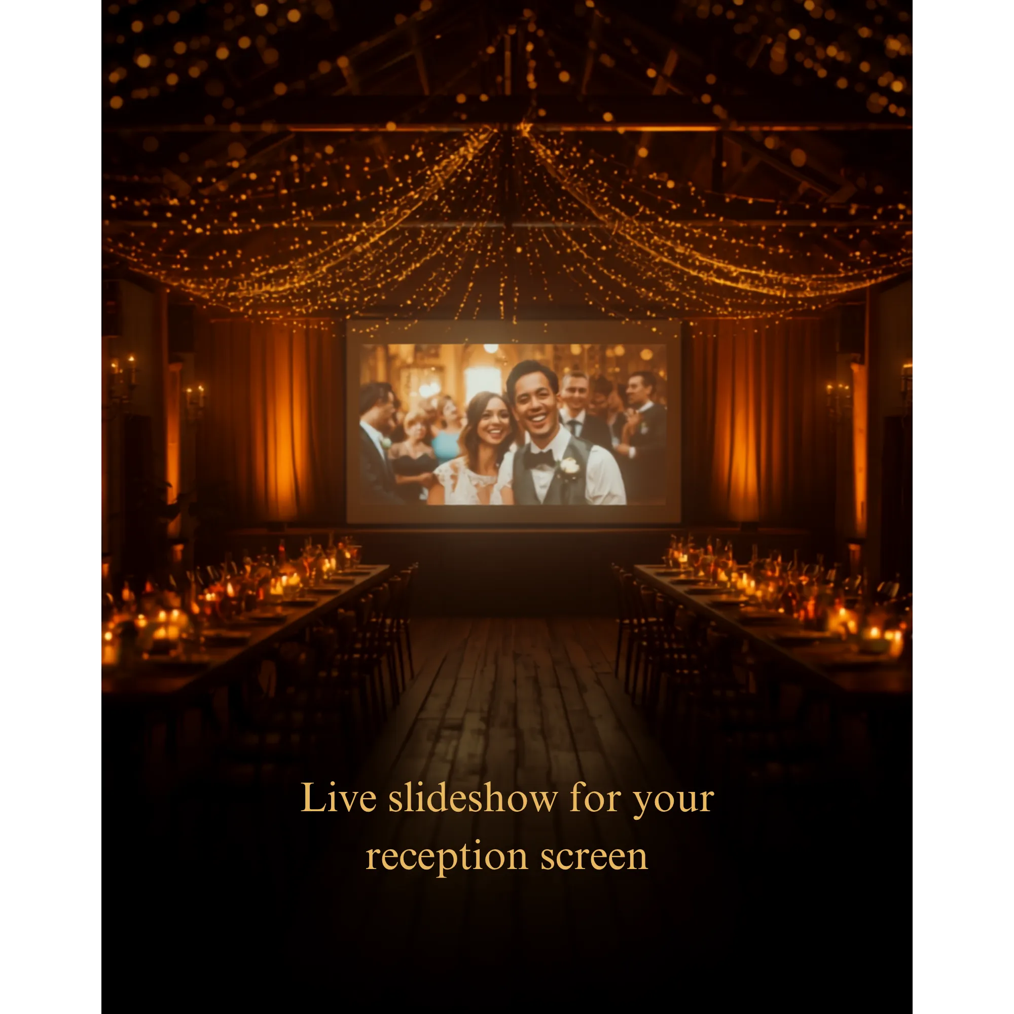 A candlelit reception hall with a live photo slideshow on a screen between long tables