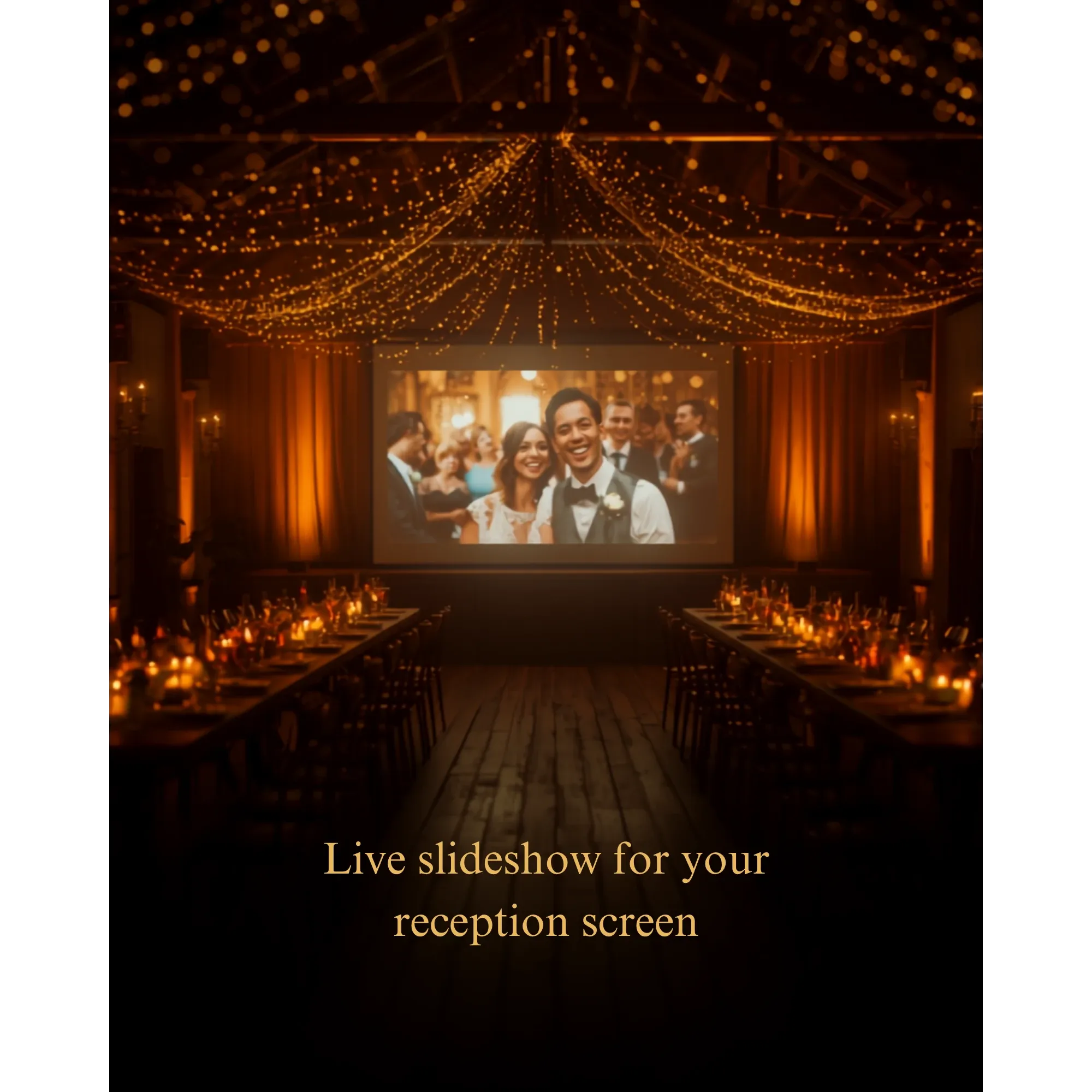 A candlelit reception hall with a live photo slideshow on a screen between long tables